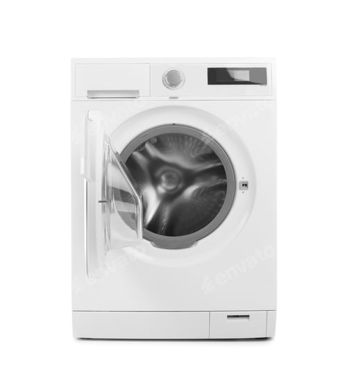 Preview: Modern washing machine on white background. Laundry day