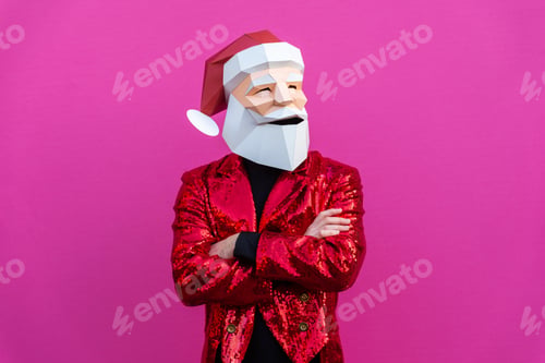 Preview: Man with funny low poly mask on colored background