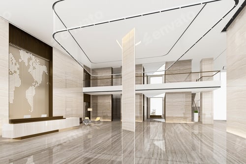 Preview: 3d rendering grand luxury hotel reception hall and lounge restaurant with high ceiling