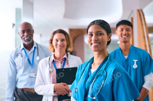 Preview: Portrait Of Smiling Multi Cultural Medical Team Wearing Scrubs And White Coats In Modern Hospital
