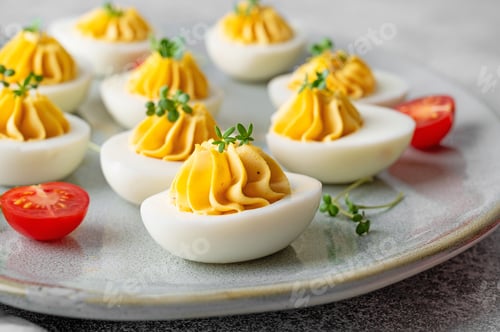 Preview: Deviled eggs with cheese, mustard and microgreens on top on a plate for Easter.