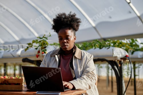 Preview: Young Adult Black Woman Working on Laptop in Modern Greenhouse Environment