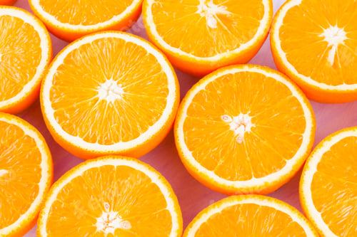 Preview: Background Of Oranges Fruits. Many Halves Of Fresh Oranges, Top View. Citrus For Making Juice. A