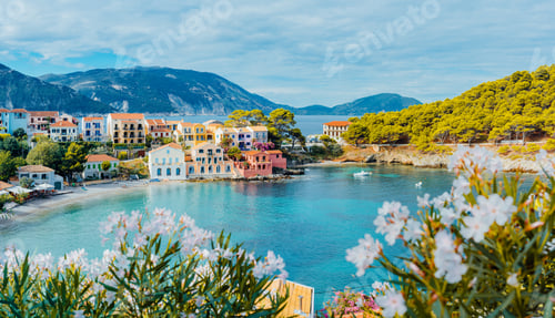 Preview: Panoramic view to Assos village in Kefalonia, Greece. Bright white blossom flower in foreground of