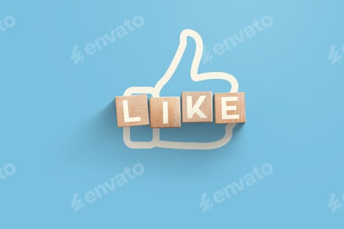 Preview: Wooden Like Cubes On Blue Background With thumbs up, Creative Idea. User Review. Marketing