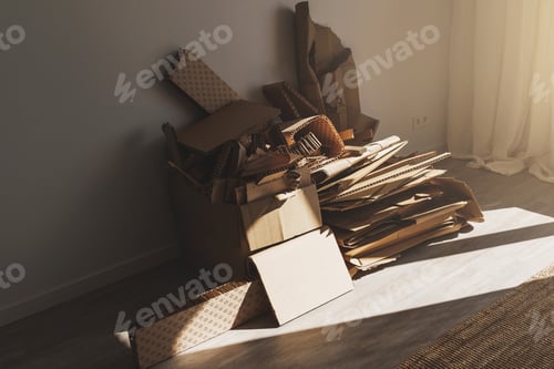 Preview: Stack of Cardboard Waste at home. Concepts of Paper Recycling and Waste Sorting