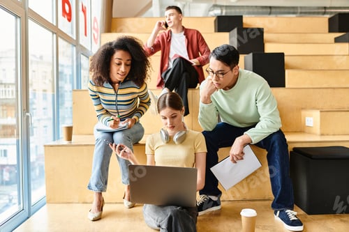 Preview: Diverse group brainstorms around laptop