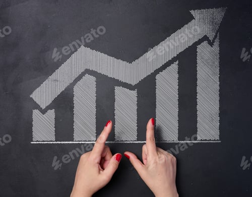 Preview: White chalk drawn graph columns and up arrow, indicator growth concept