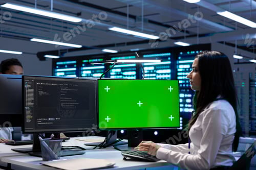 Preview: Engineers doing maintenance on supercomputers in servers room using mockup PC