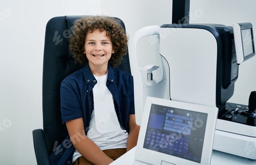 Preview: Smiling curly-haired boy in ophthalmologist office during consultation and eye examination on