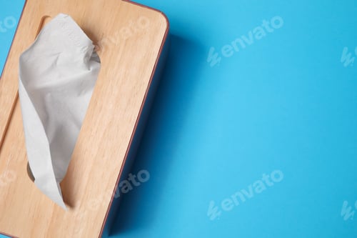Vista previa: Holder with paper tissues on light blue background, top view. Space for text