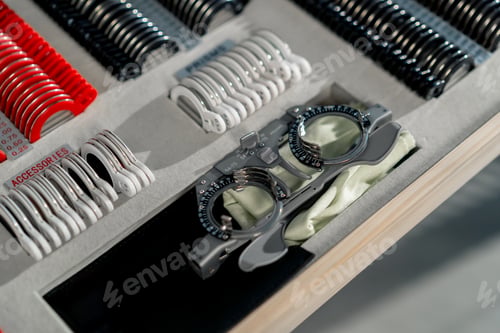 Preview: close up at the ophthalmology clinic professional box with red and black lenses selection of optics