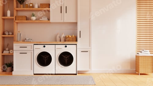 Preview: Modern washing machine in a laundry room against a white wall background- 3D rendering