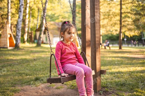 Preview: Cute smiling girl on a swing in the playground