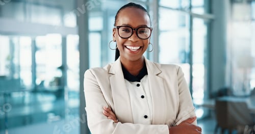 Preview: Arms crossed, glasses and portrait of business black woman in office for onboarding or recruitment.