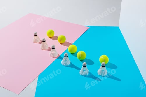 Preview: badminton shuttlecocks and tennis balls on pink and blue