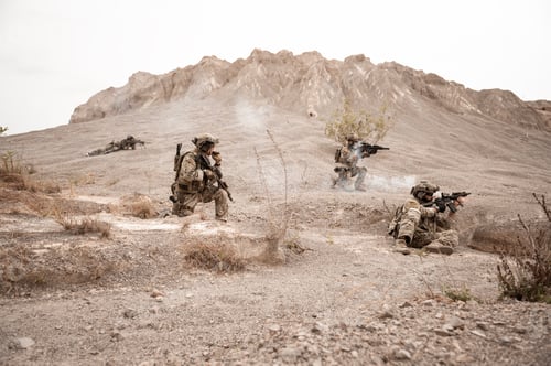 Preview: Soldiers aiming with their rifles
ready to fire during military operation in the deser