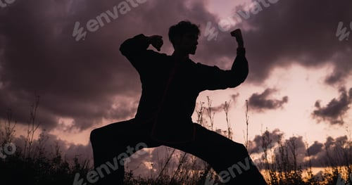 Preview: Silhouette of a man practicing martial arts on a sunset. Kung Fu