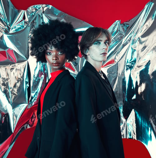 Preview: Creative, portrait and people on a studio background for art, rock or aesthetic. Makeup, fashion an