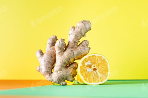 Preview: Ginger Root Raw Fresh Spice Ready To Eat On The Table Healthy Ingredient Top View Copy Space For