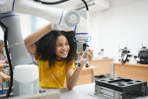 Preview: Children learning AI technology Robot with artificial intelligence system on its in science lesson