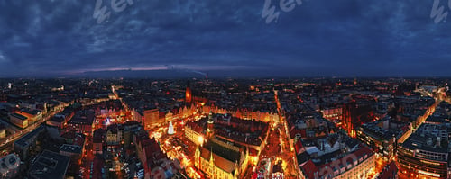 Preview: Aerial view of festive Christmas market at night in Wroclaw, Poland