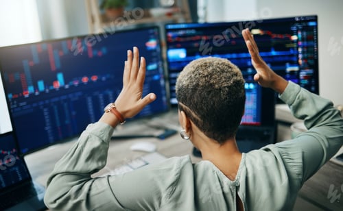 Preview: Computer, trading and professional person stress over fintech company metrics, banking numbers or f