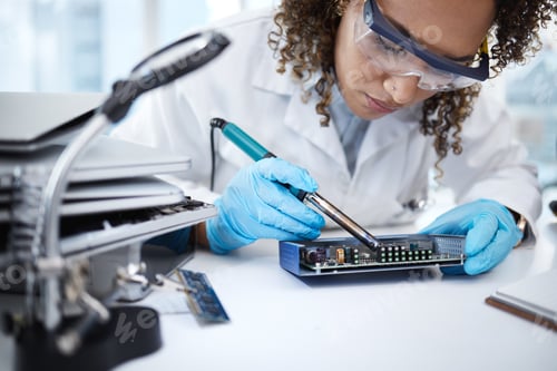 Preview: Programming, hardware repair and black woman electrician working on cpu, circuit and microchip. Tec