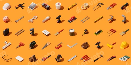 Preview: Construction Tools Arranged on Orange Background Overhead Shot