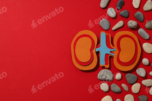 Preview: Kidneys made of paper, with stones, on a red background.