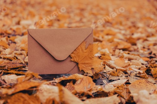 Preview: Empty earth tones envelope mock up around Colorful falling autumn leaves. Template card. Golden tree