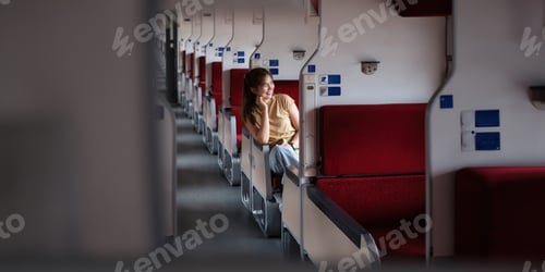 Preview: Traveler young woman travel in train on during sitting inside. travelling tourist have small trip