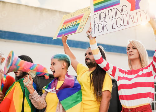 Preview: Gay pride parade with lgbt rainbow flag and banner - People demonstrate for equality