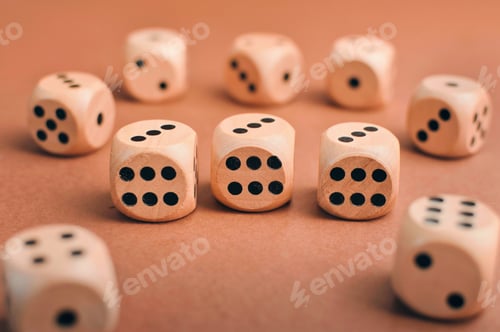Preview: wooden dices with dot like numbers on brown background