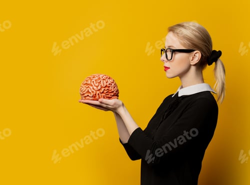 Preview: Style woman with human brain on yellow background