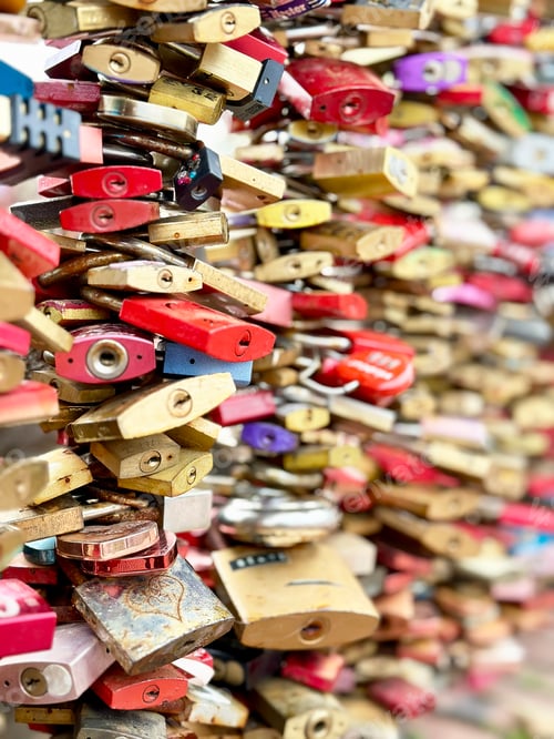 Preview: Many Colorful Red And Golden Rustic Locks With Love