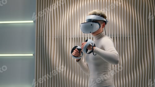 Preview: Gaming technology virtual augmented reality glasses gamer female girl woman in VR helmet 3d