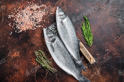 Preview: Seabass or sea bass fresh raw fish on a cleaver with salt and herbs. dark background. Top view
