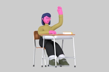 Preview: Cartoon Pupil with Raised Hand at Desk