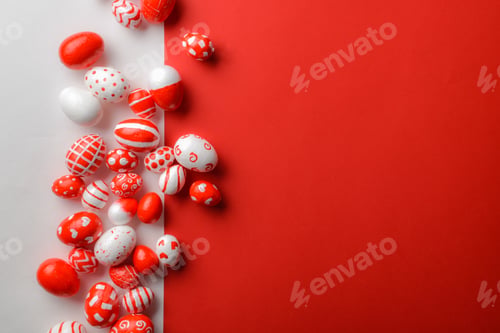 Preview: Easter backgrounds, a strip of Easter red and white eggs on a white-red background.