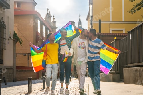 Preview: Lifestyle of embraced homosexual friends walking at the gay pride party in the city, diversity