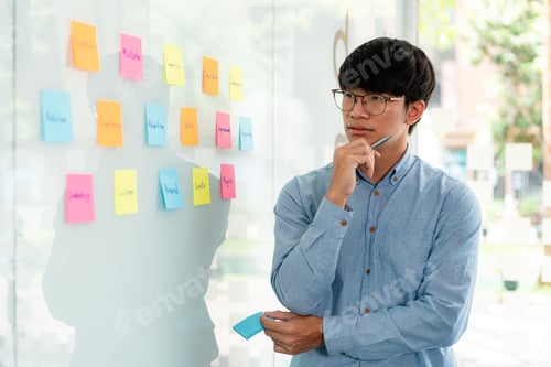 Preview: Businessman executive thinking and taking notes keyword on board wall to planning about a business