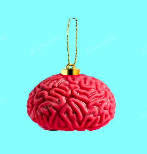 Preview: Human brain Christmas tree toy on blue background. Creative collage.