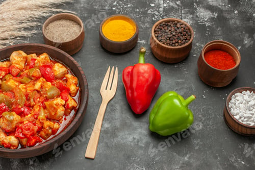 Preview: Side view of vegetable spicy chicken soup in a brown pot knife and different spices on dark