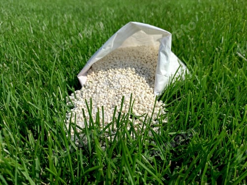 Preview: /NOMINATED/ Fertilizer for grass, lawn, meadow in a bag of white granules on green grass.