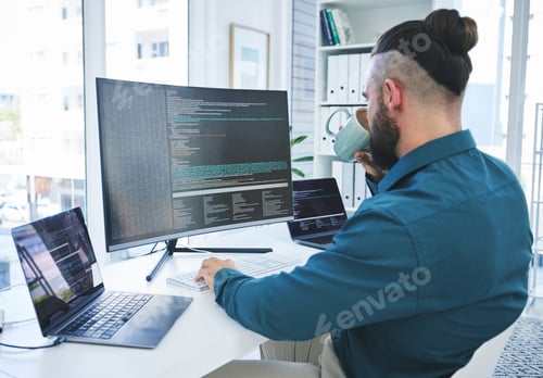 Preview: Programmer, developer or man at computer for coding, software script or cyber security in office. B