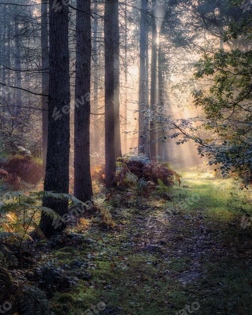 Preview: Vertical shot of dramatic sunrays in a pine forest in Hertfordshire, UK