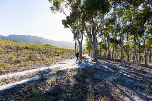 Preview: Teenage girl and younger brother using rope swing on a hiking trail