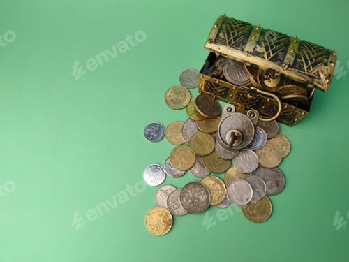 Preview: Treasure box with a vintage padlock and coins on a soft green background