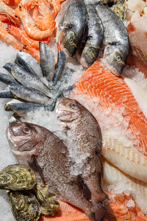 Preview: A Beautifully Arranged Fresh Seafood Assortment on Ice for an Impressive Market Presentation